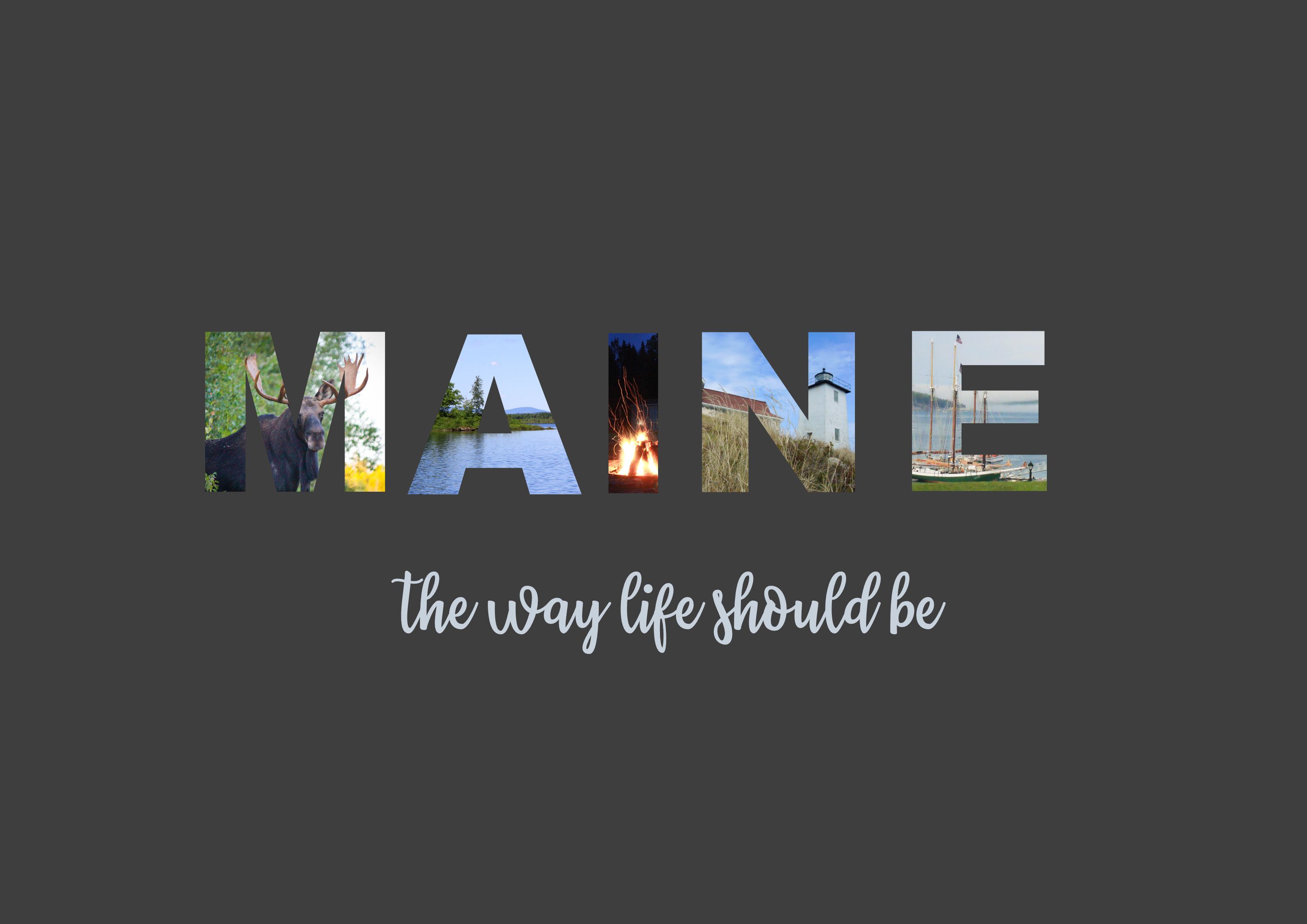 The word MAINE in large block letters, each letter filled with a state landscape — a moose, a river, a campfire, a lighthouse and a sailboat harbor — above the handwritten phrase "the way life should be."