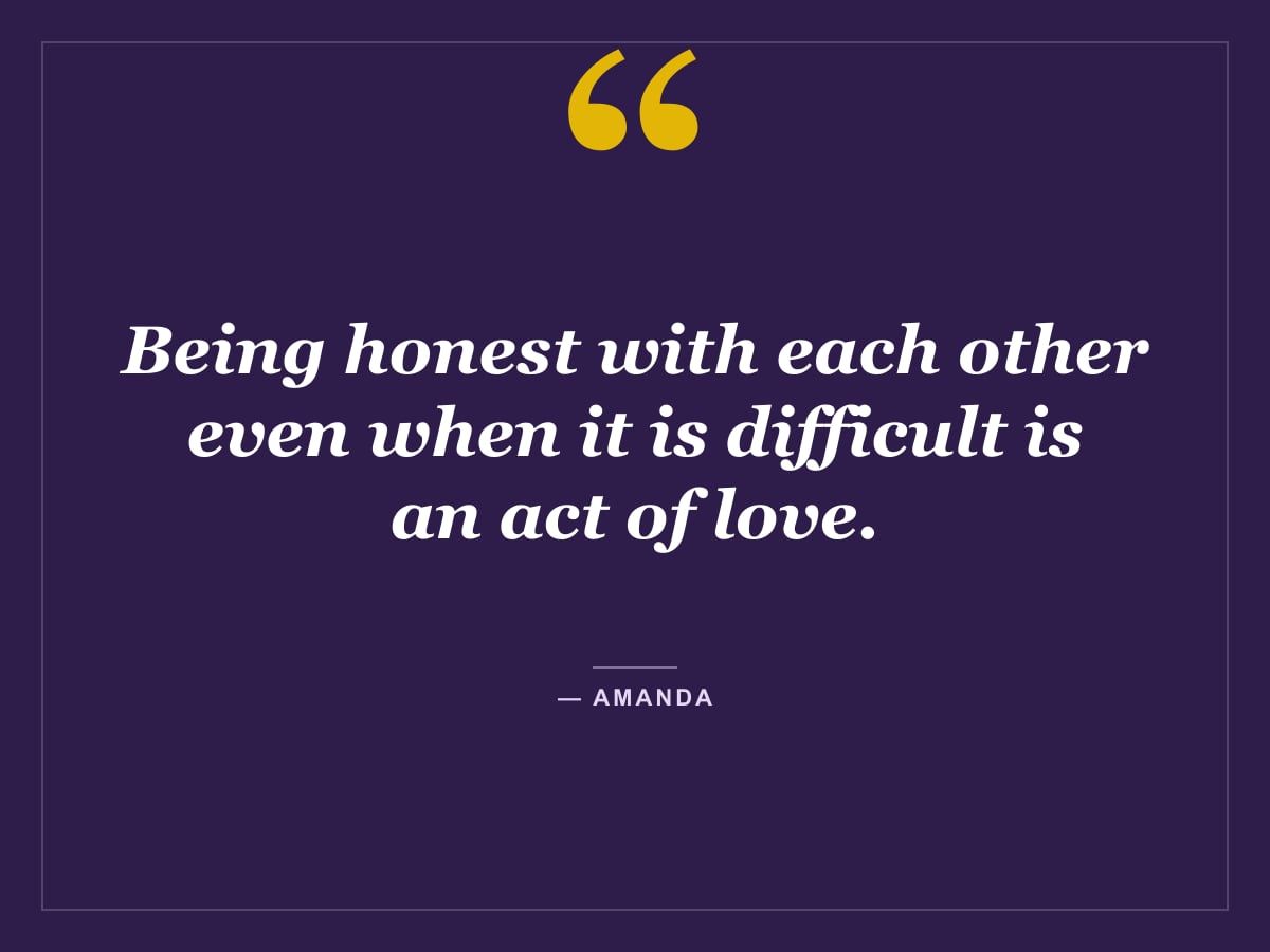 Quote card: "Being honest with each other even when it is difficult is an act of love." — Amanda