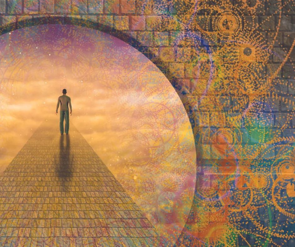 A lone figure walking a tiled path toward a large ornate circular archway.