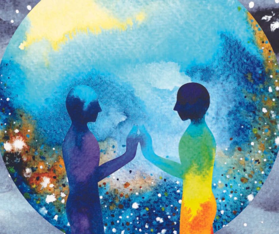 Watercolor of two figures reaching toward one another, fingertips touching, inside a blue circle.