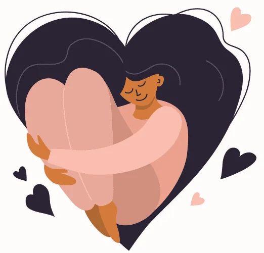 Illustration of a person hugging their knees, curled inside a large dark heart.