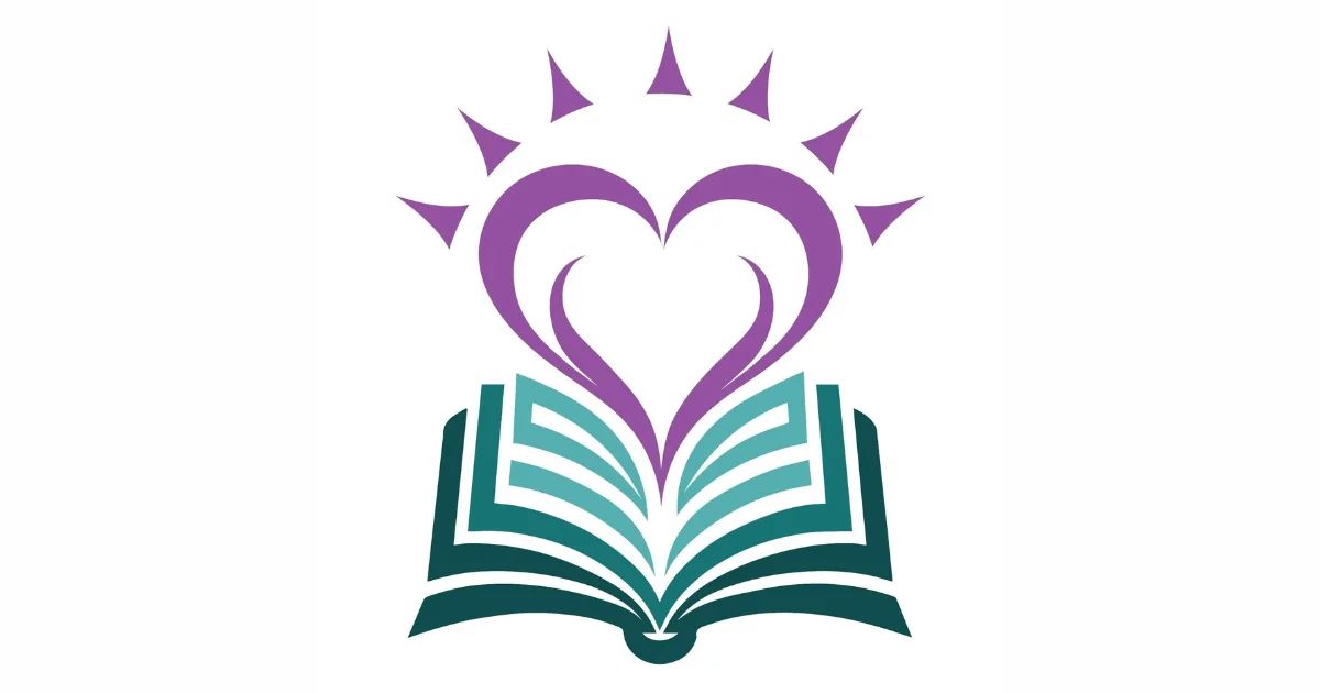 An emblem of a purple heart rising from an open teal book.