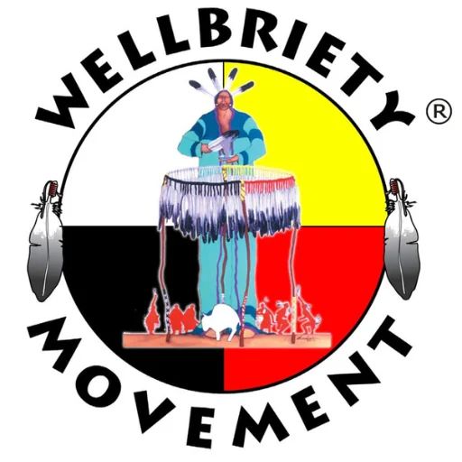 The Wellbriety emblem, a medicine wheel in black, red, yellow and white with feathers and a figure at a drum.