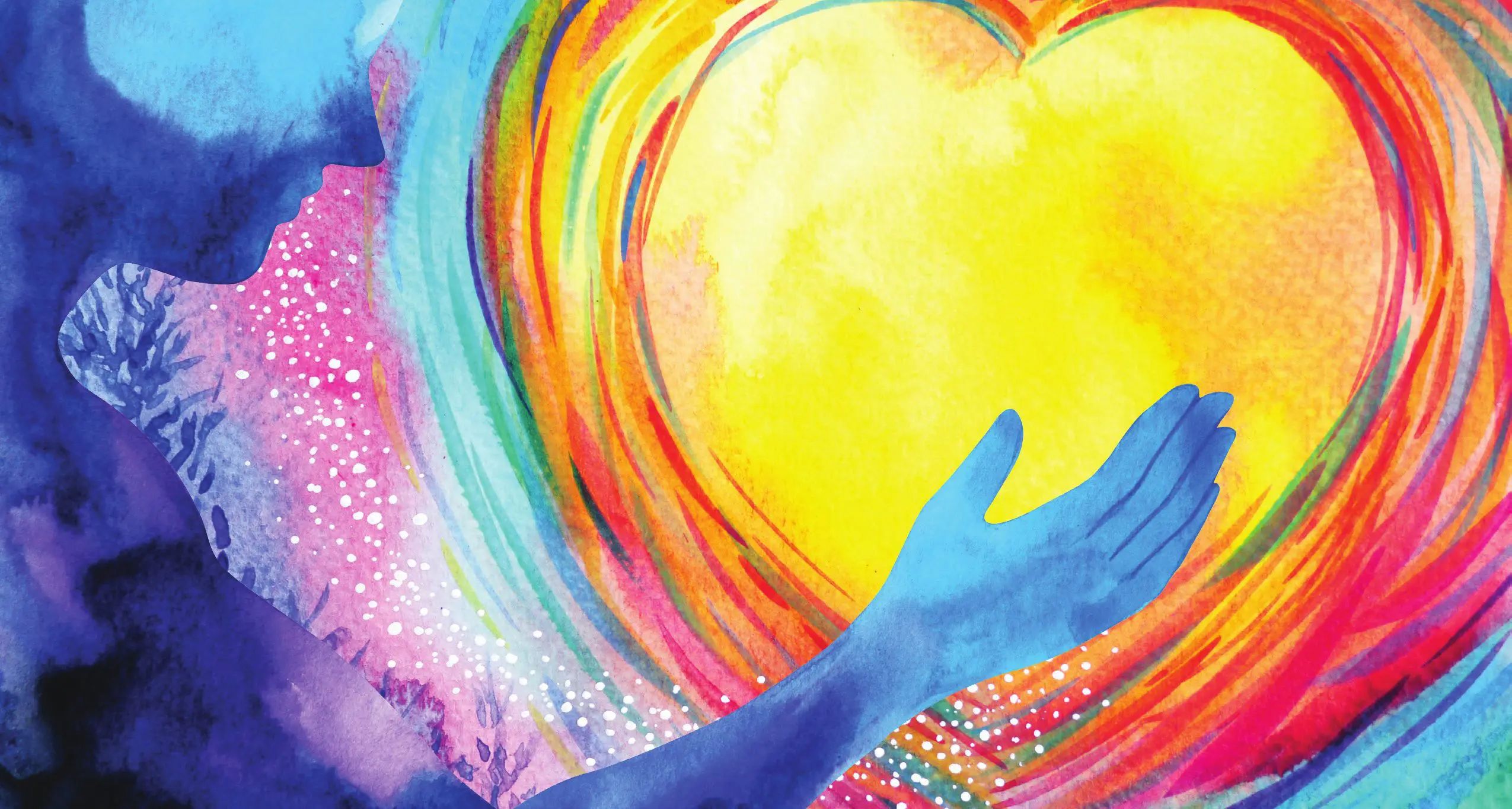 Blue hand reaches toward a bright yellow heart surrounded by rainbow-colored concentric circles in abstract artwork.