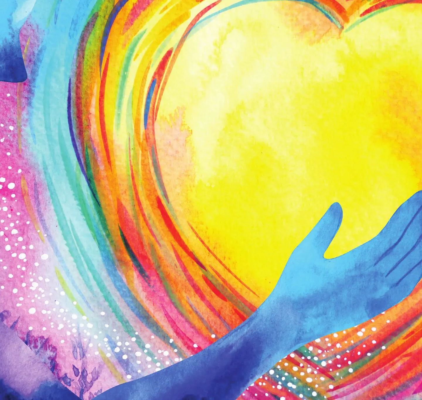 Blue hand reaches toward a bright yellow heart surrounded by rainbow-colored concentric circles in abstract artwork.