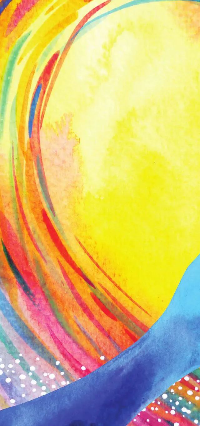 Blue hand reaches toward a bright yellow heart surrounded by rainbow-colored concentric circles in abstract artwork.